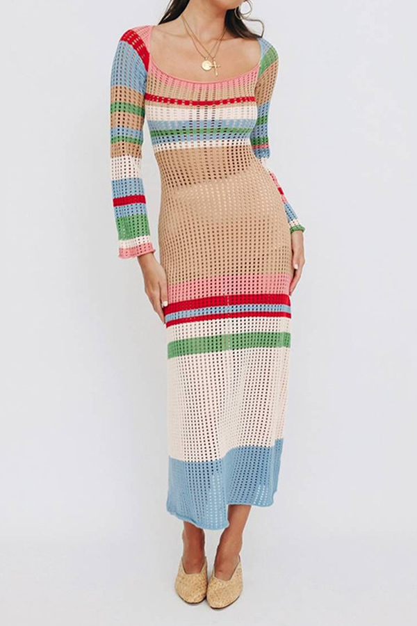 Robe colorée femme – Robe en tricot à manches longues chic et contrastée