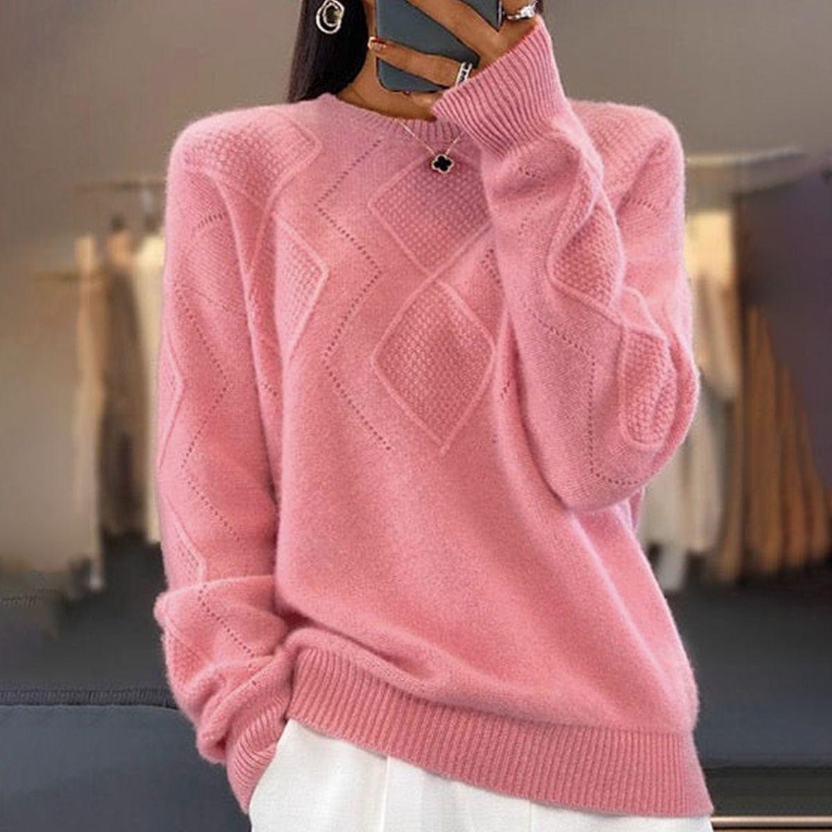 Pull élégant femme – Pull à motif losange chic en tricot pour automne hiver