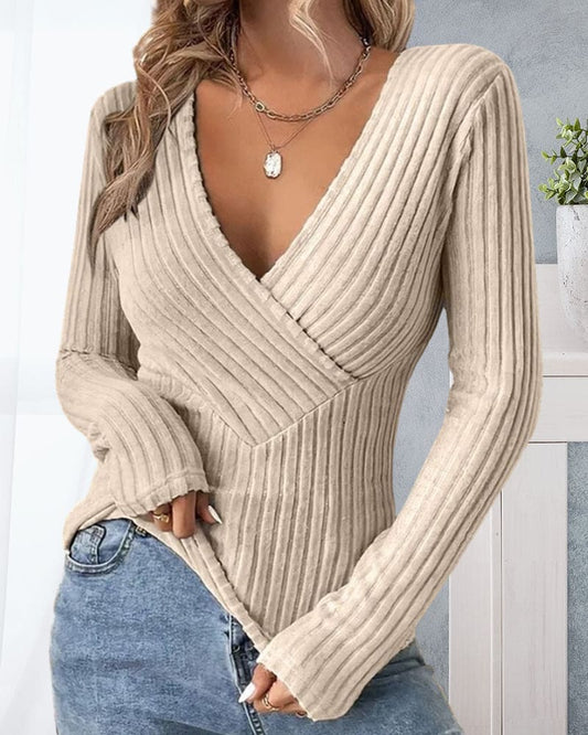 Pull côtelé femme – Pull en V chic et confortable en tricot pour automne-hiver