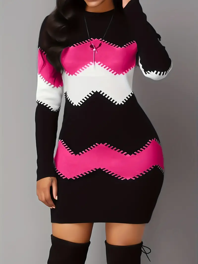 Robe tricotée femme – Robe à motifs zigzag en blocs de couleurs chic et confortable