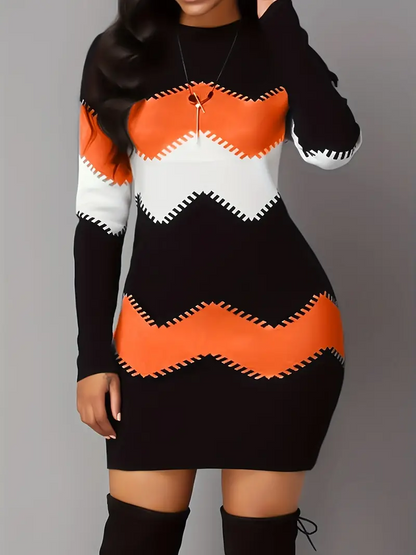 Robe tricotée femme – Robe à motifs zigzag en blocs de couleurs chic et confortable