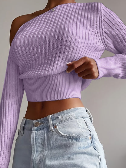 Pull femme décolleté asymétrique – Pull élégant à manches longues pour soirée