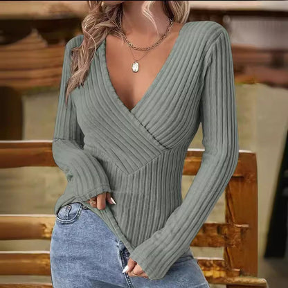 Pull côtelé femme – Pull en V chic et confortable en tricot pour automne-hiver