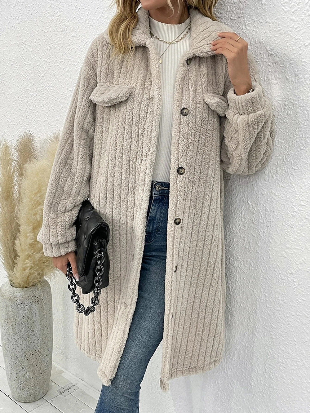 Manteau long femme – Manteau élégant avec col pour hiver et soirée chic