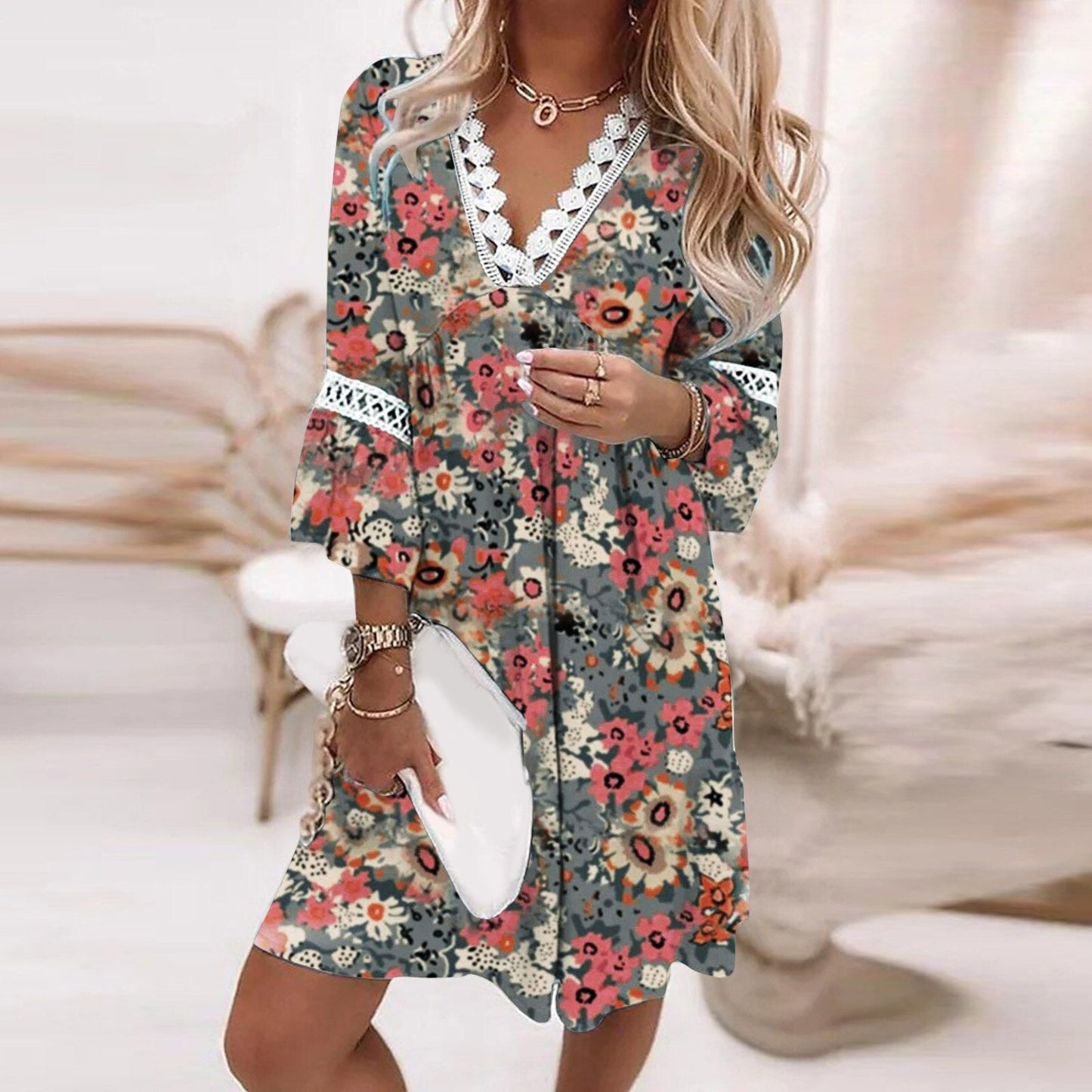 Robe à fleurs femme – Robe élégante décolleté en V pour été et occasions spéciales