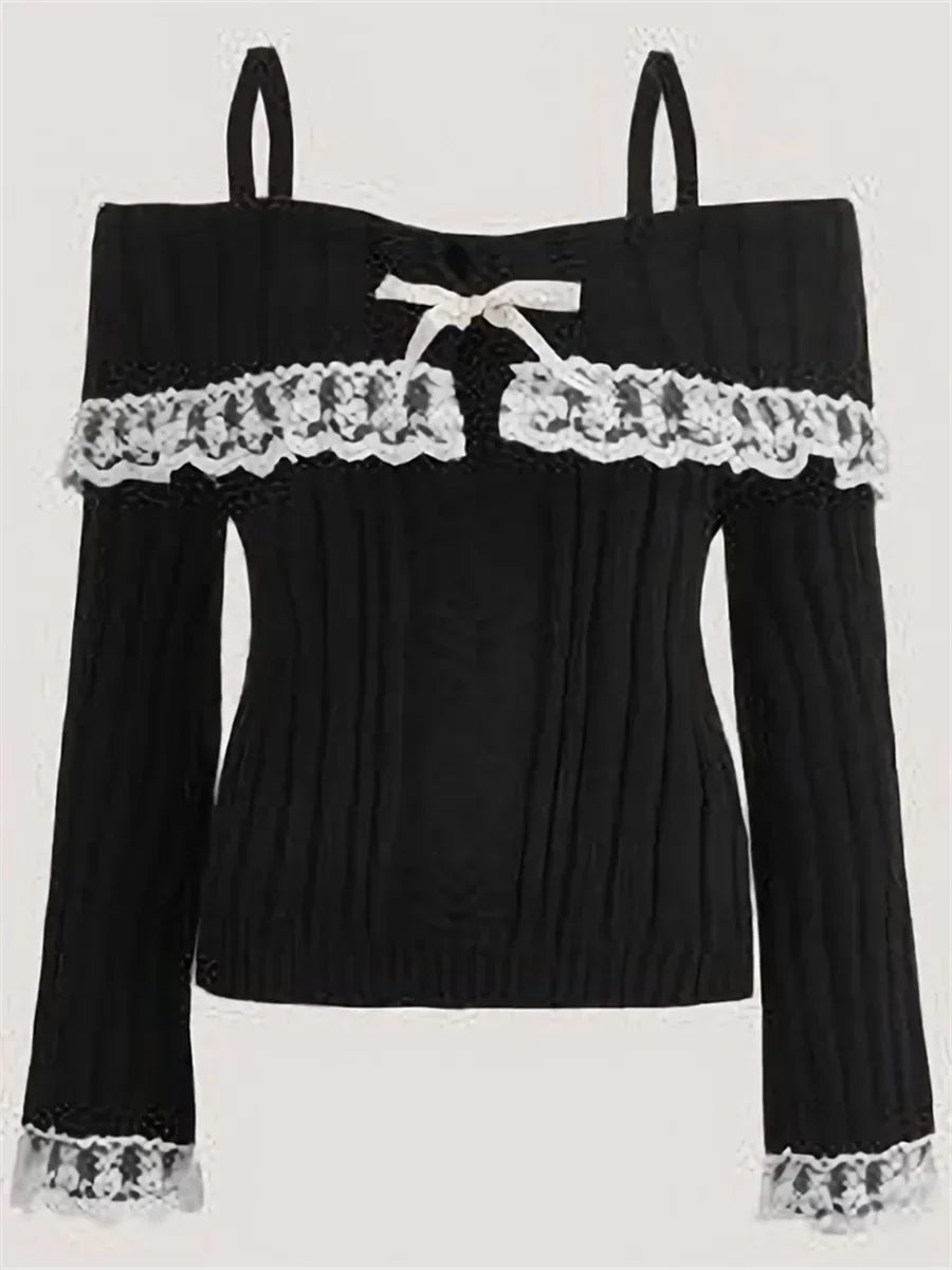 Pull sans épaules femme – Pull en dentelle élégant et sexy pour soirée