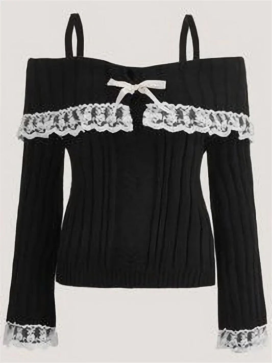 Pull sans épaules femme – Pull en dentelle élégant et sexy pour soirée