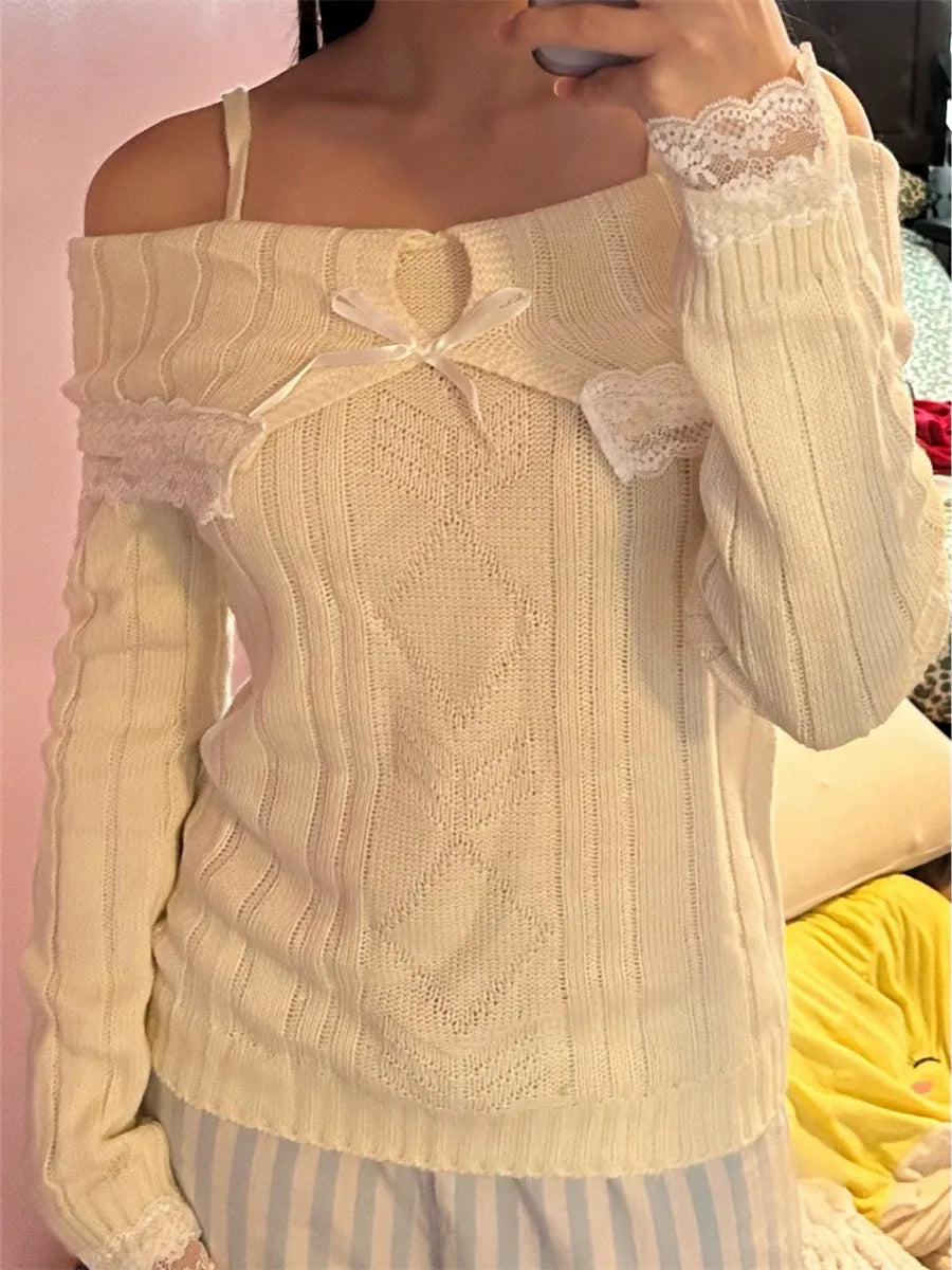 Pull sans épaules femme – Pull en dentelle élégant et sexy pour soirée