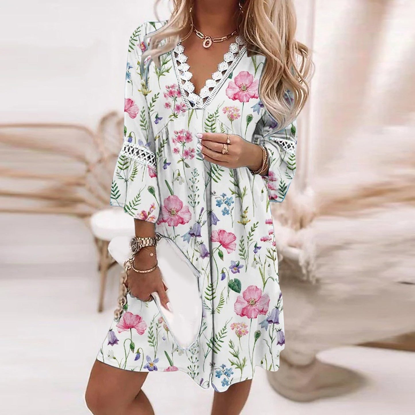 Robe à fleurs femme – Robe élégante décolleté en V pour été et occasions spéciales