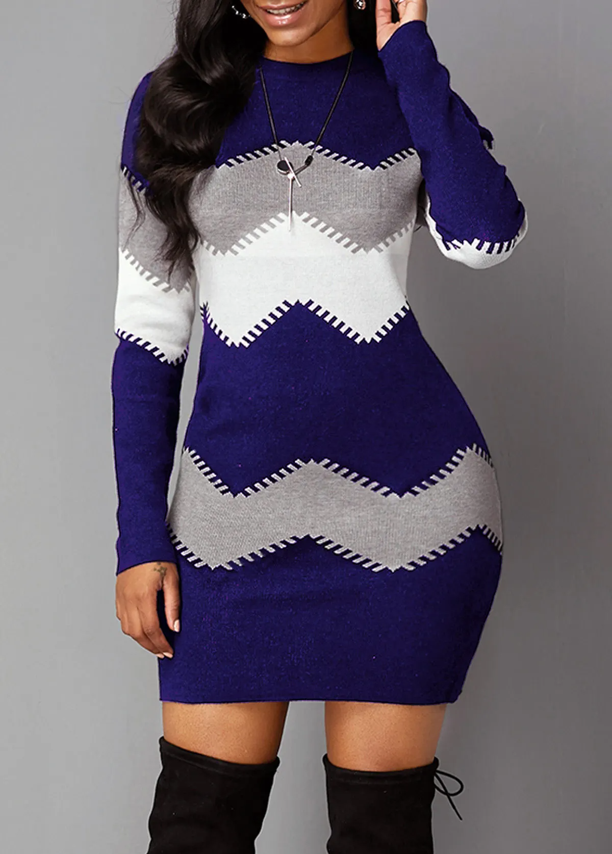 Robe tricotée femme – Robe à motifs zigzag en blocs de couleurs chic et confortable