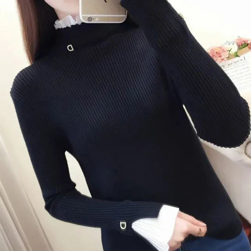 Pull en tricot femme – Pull chic à décolleté en forme de laitue élégant et confortable