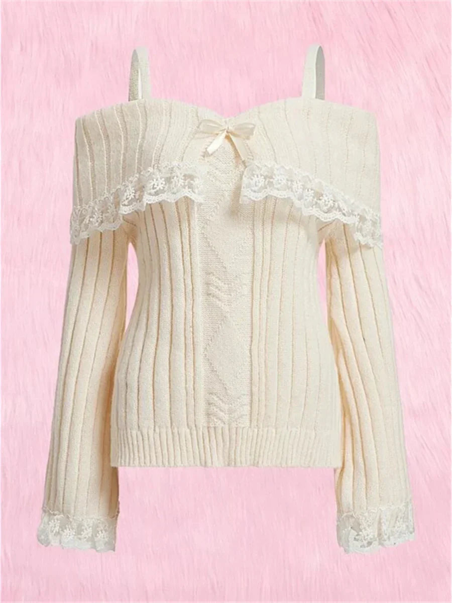 Pull sans épaules femme – Pull en dentelle élégant et sexy pour soirée