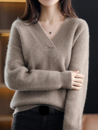 Pull en tricot femme – Pull col en V élégant et confortable en laine doux