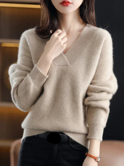 Pull en tricot femme – Pull col en V élégant et confortable en laine doux