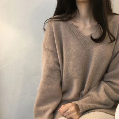 Pull oversized femme – Pull à col V confortable et tendance pour automne hiver