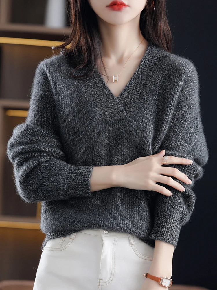 Pull en tricot femme – Pull col en V élégant et confortable en laine doux