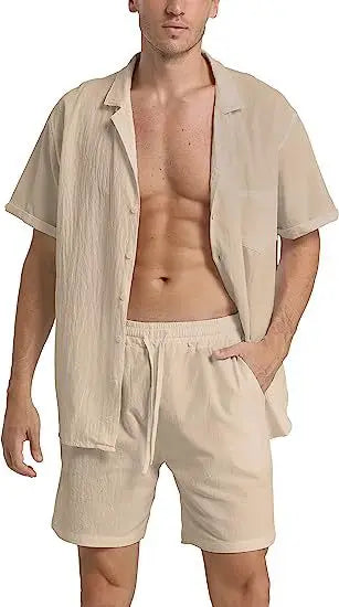 Chemise à boutons homme – Chemise décontractée avec shorts à cordon de serrage