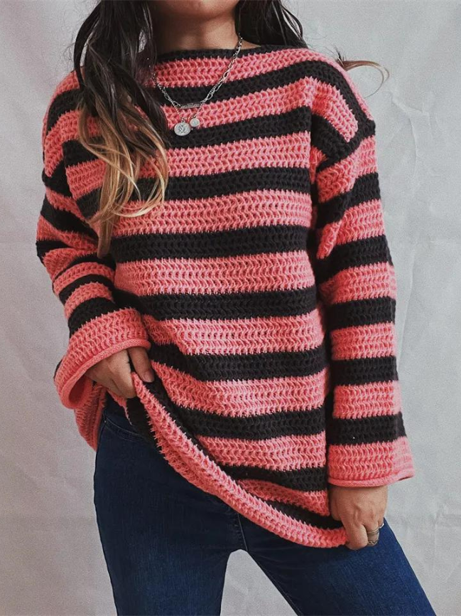 Pull en tricot rayé femme – Pull élégant à manches longues pour automne hiver