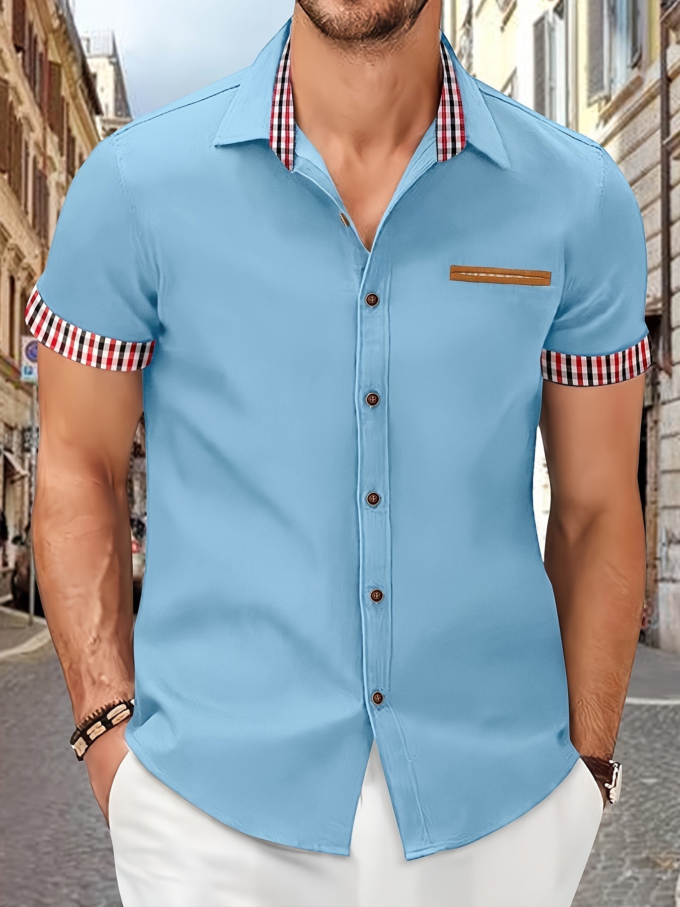 Chemise à manches courtes homme – Chemise col rayé élégante et décontractée