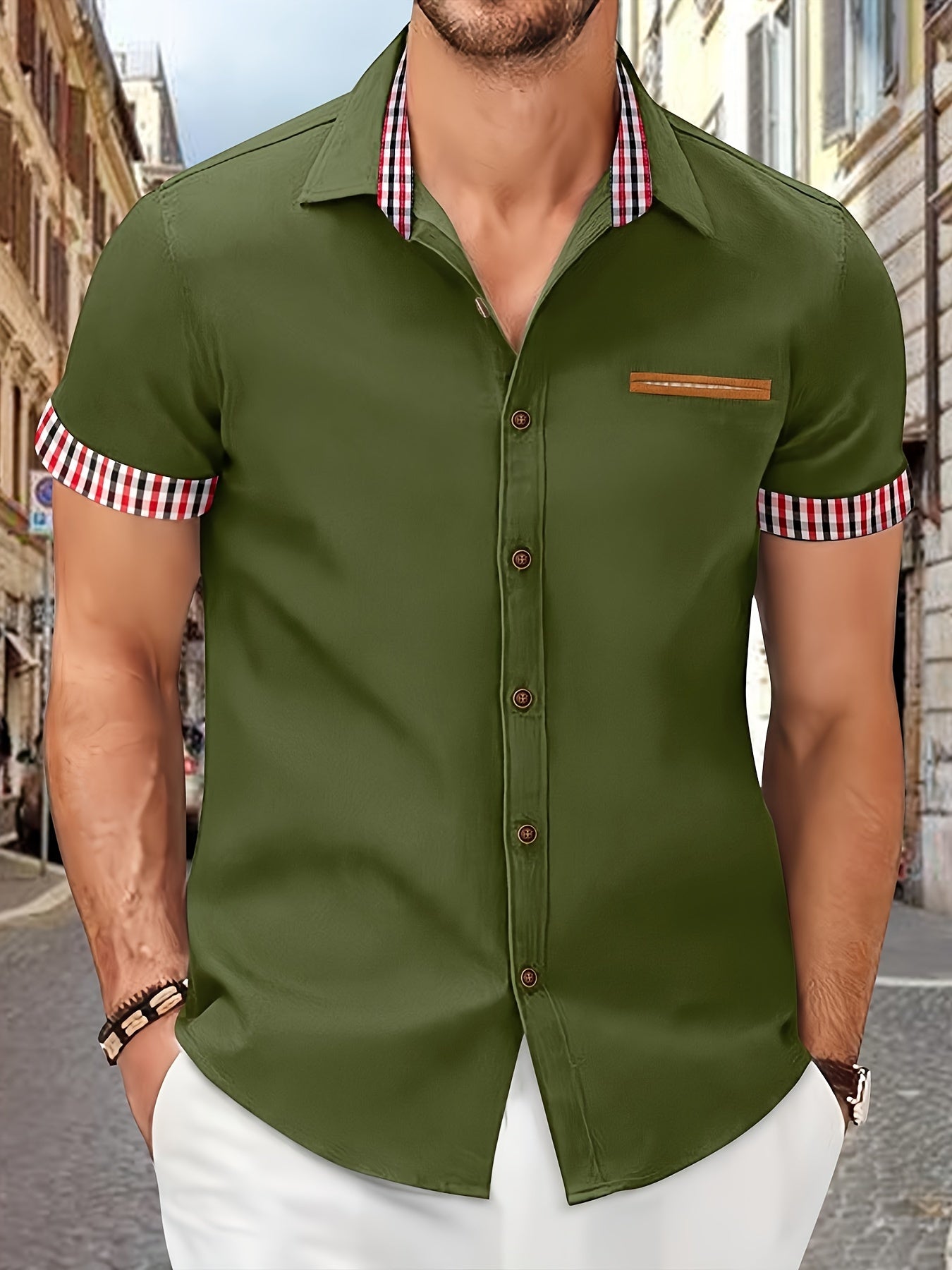 Chemise à manches courtes homme – Chemise col rayé élégante et décontractée