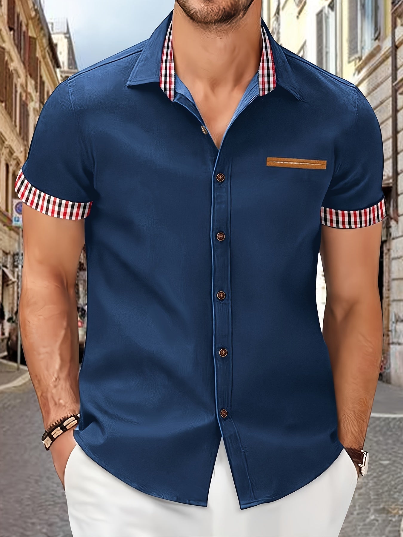 Chemise à manches courtes homme – Chemise col rayé élégante et décontractée